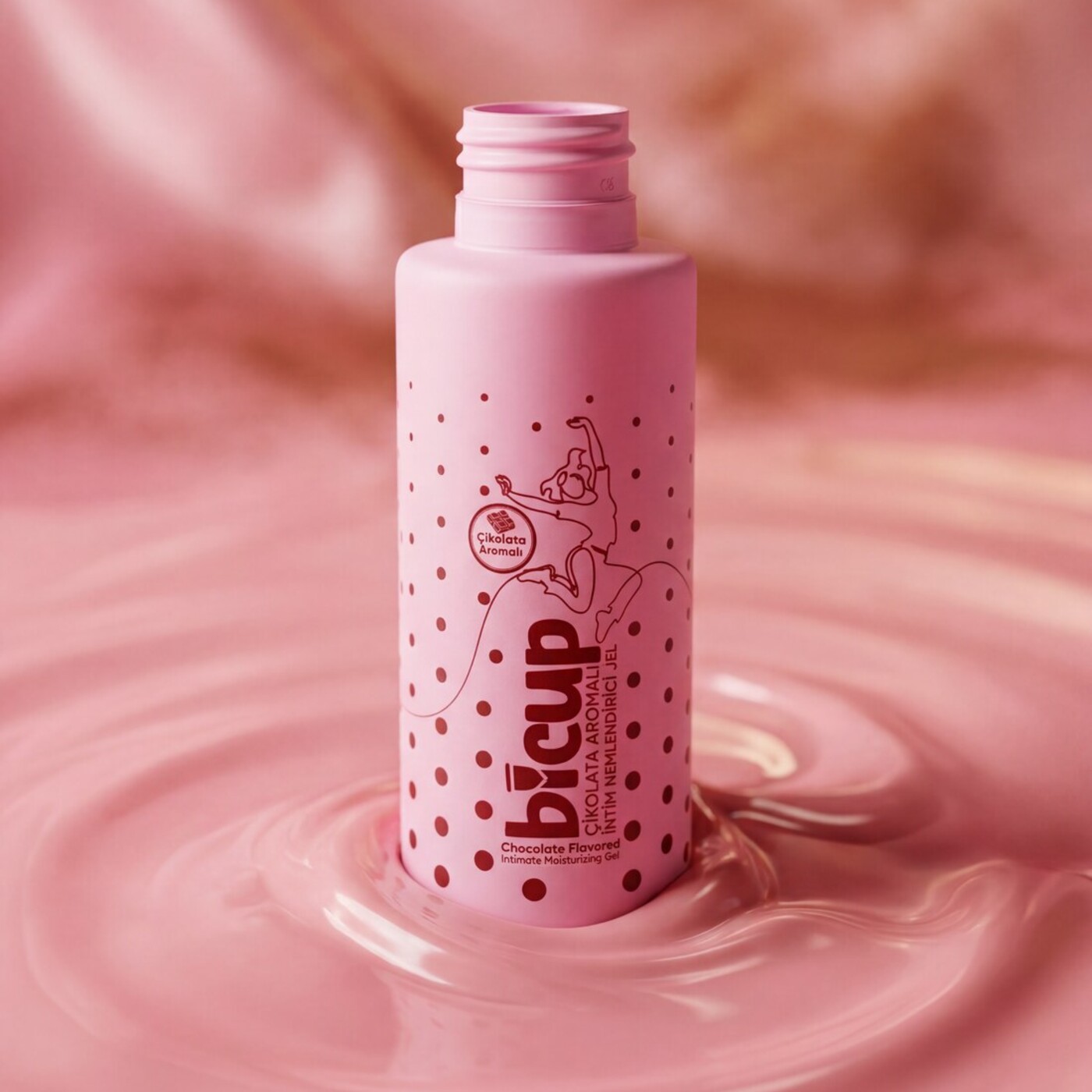 Mat pembe kaplama yapılmış plastik ambalaj, üzerinde bordo tek renk serigraf baskı